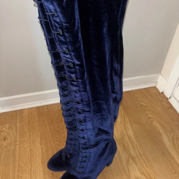 Elegant Navy Velvet Knee-High Boots - Picture 5 of 9